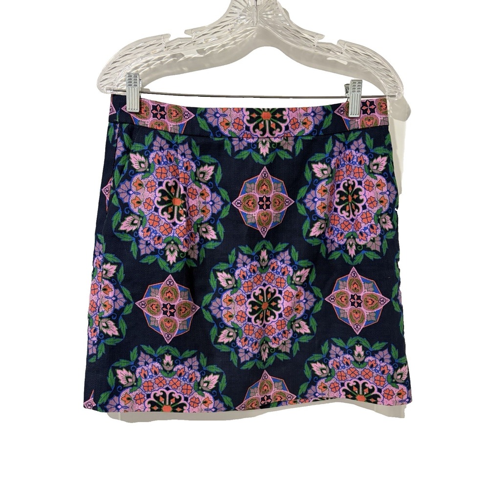 J Crew Mini Skirt~6~ Navy Pink Medallion Print 100% Cotton Pkts Classic Preppy